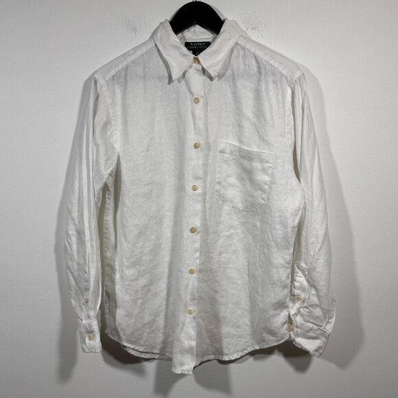 Lauren Ralph Lauren Tops - Lauren Ralph Lauren Women’s Button Up Shirt White Linen Crest Sz 10 Preppy